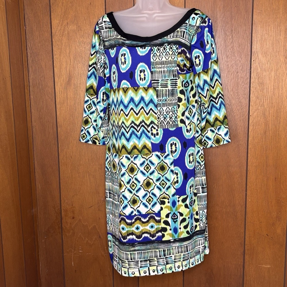 Signature Robbie Bee Dress Women L Blue Green Geometric Patchwork‎ Boho Artsy